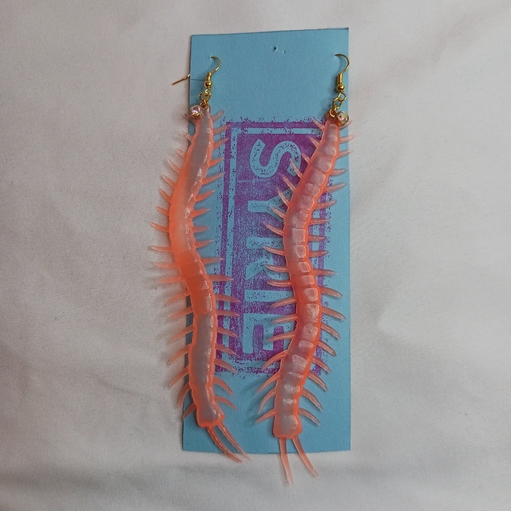 Orange Plastic Centipede Earrings with Iridescent Rhinestone.